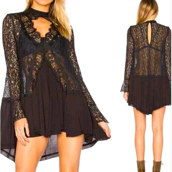 Free People Secret Origin Tell Tale Heart Black Lace Tunic - Picture 2 of 8